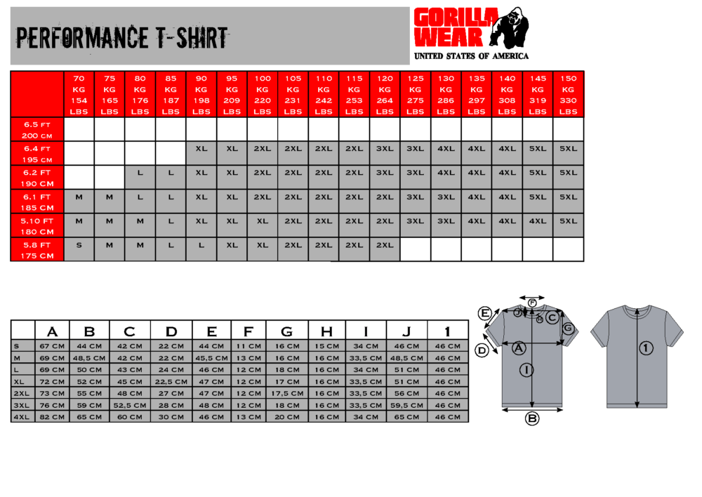 Performance T shirt Size chart
